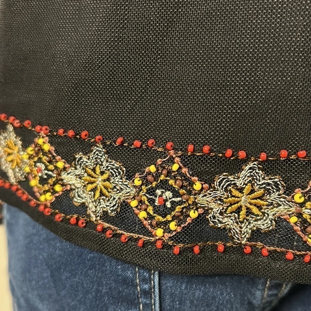 Sundance Beaded and Embroidered Floral Black Top Mesh Sleeve Shirt Sz S
